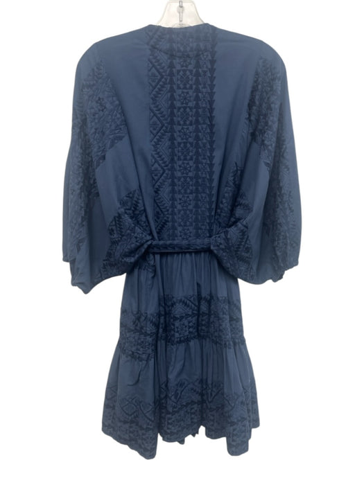 Greek Archaic Kori Size L Navy Blue Cotton Short Puff Sleeve Buttons Mini Dress Navy Blue / L