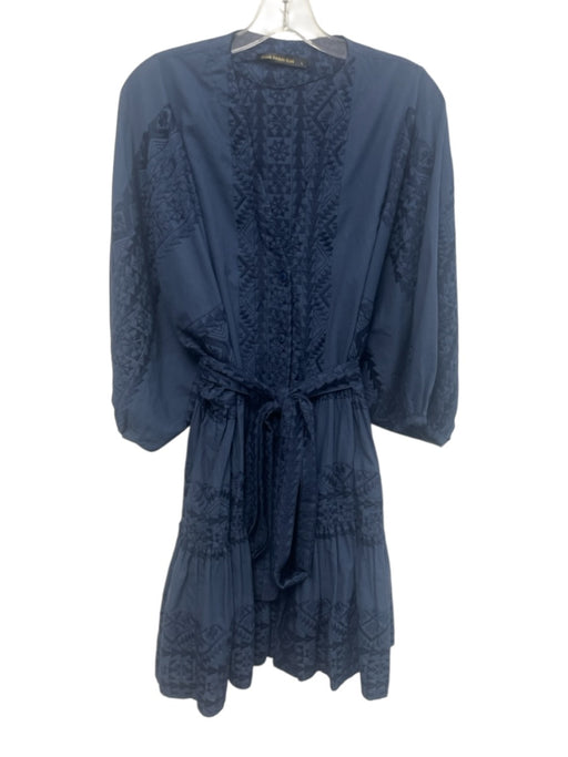 Greek Archaic Kori Size L Navy Blue Cotton Short Puff Sleeve Buttons Mini Dress Navy Blue / L