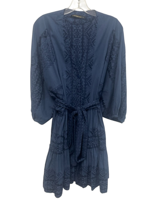 Greek Archaic Kori Size L Navy Blue Cotton Short Puff Sleeve Buttons Mini Dress Navy Blue / L