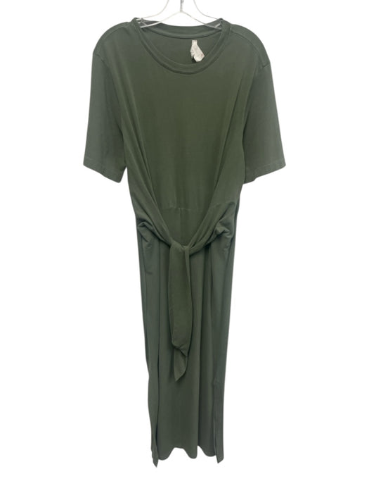 XiRENA Size M Olive Green Cotton Short Sleeve Waist tie Midi Dress Olive Green / M
