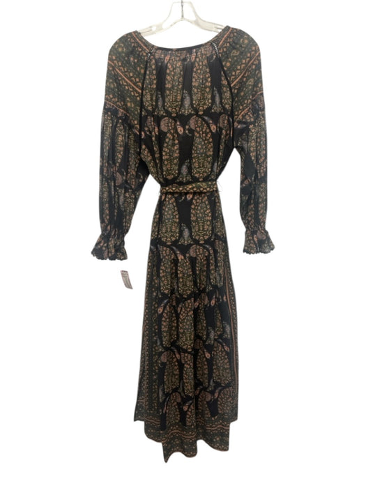 Boteh Size 3/L Black, Green, Orange Cotton Long puff sleeve Abstract Print Dress Black, Green, Orange / 3/L