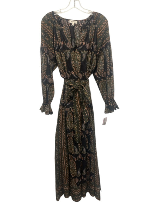 Boteh Size 3/L Black, Green, Orange Cotton Long puff sleeve Abstract Print Dress Black, Green, Orange / 3/L
