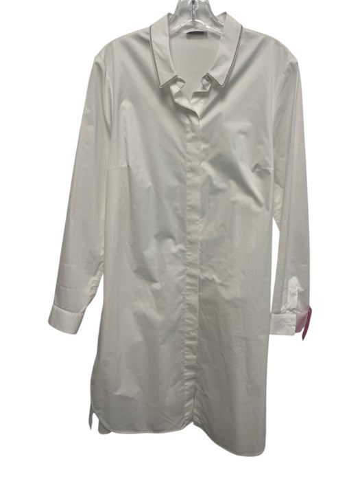 Peserico Size L White Cotton Long Sleeve Buttons Metal Embellishments Dress White / L