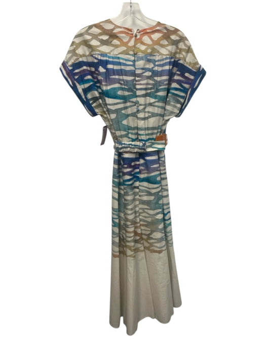 Silvia Tcherassi Size L Red, Blue, White Cotton Short Sleeve V Neck Midi Dress Red, Blue, White / L