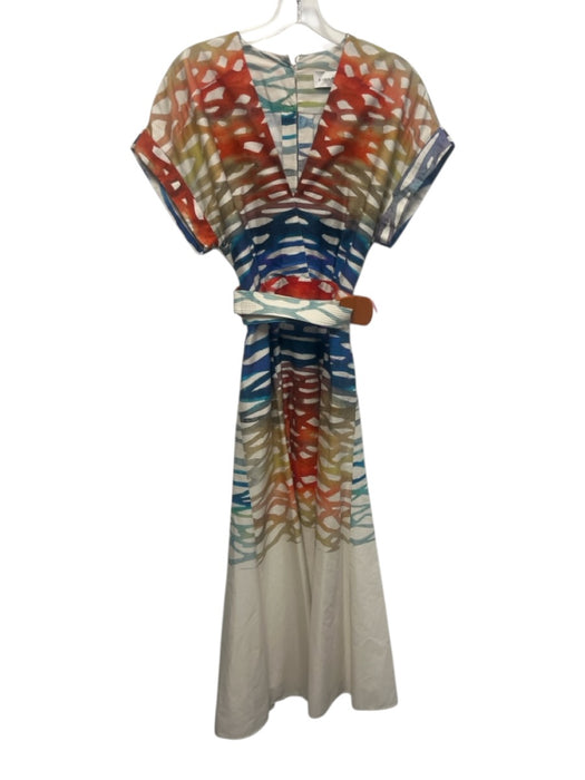 Silvia Tcherassi Size L Red, Blue, White Cotton Short Sleeve V Neck Midi Dress Red, Blue, White / L