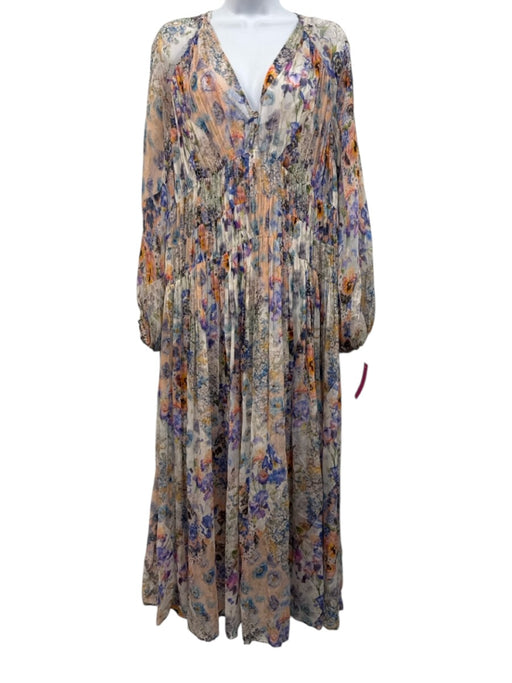 Zimmermann Size 2 Blue, Orange, & Multi Viscose Long puff sleeve V Neck Dress Blue, Orange, & Multi / 2