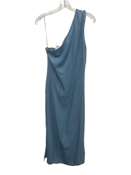 MNG Size 8 Light Blue Tencel One Shoulder Ruched Side Side Slit Midi Dress Light Blue / 8
