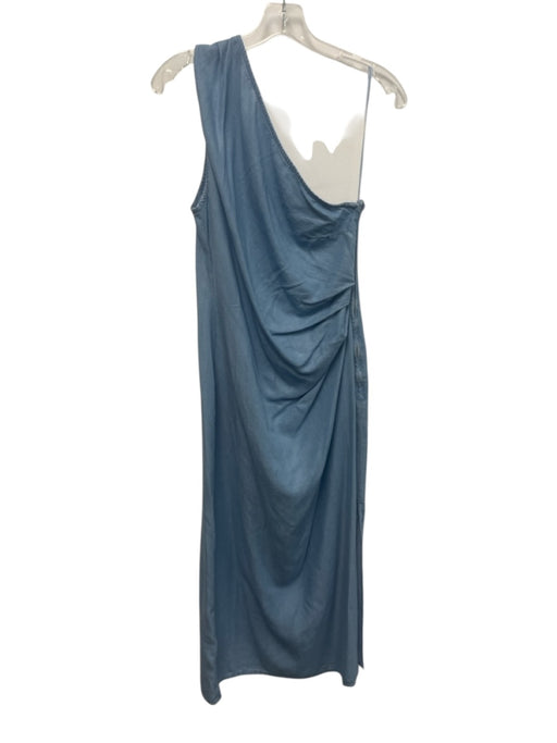 MNG Size 8 Light Blue Tencel One Shoulder Ruched Side Side Slit Midi Dress Light Blue / 8
