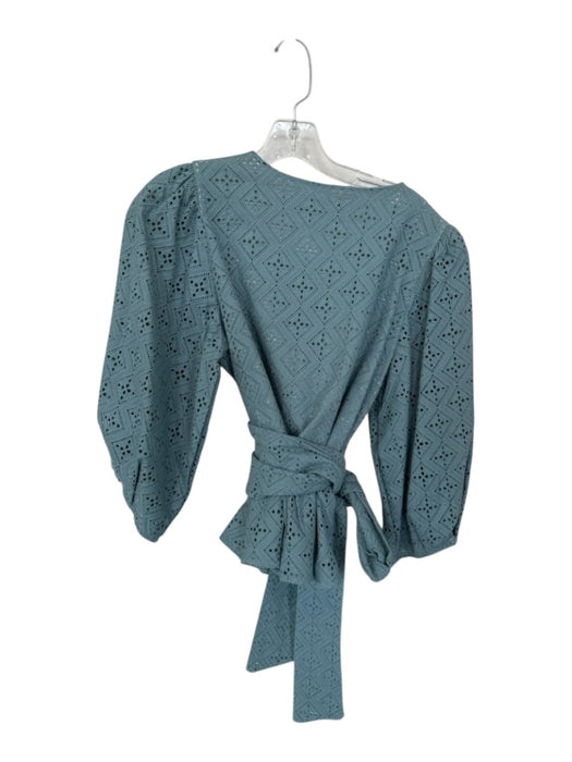 Never a Wallflower Size M Slate Blue Cotton Long Balloon Sleeve Eyelet Wrap Top Slate Blue / M