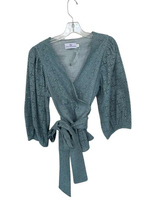 Never a Wallflower Size M Slate Blue Cotton Long Balloon Sleeve Eyelet Wrap Top Slate Blue / M