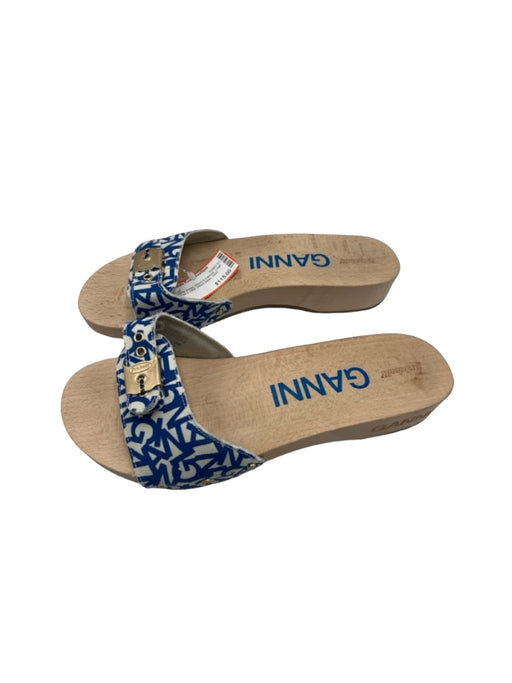 Ganni Shoe Size 10 Blue White Beige Wood & Canvas Logo Open Toe & Heel Sandals Blue White Beige / 10