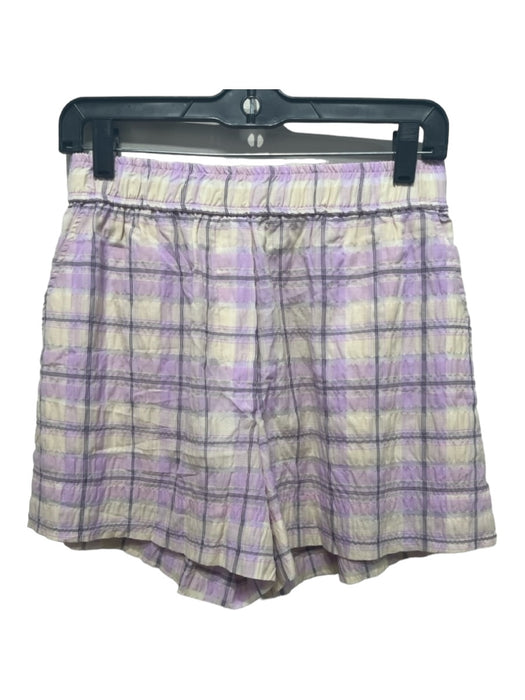 Ganni Size 36 Purple, Yellow, Black Cotton Blend Elastic Waist Plaid Shorts Purple, Yellow, Black / 36