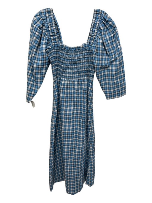 Ganni Size 36 Blue, White & Black Cotton Blend Smocked Top Plaid Dress Blue, White & Black / 36
