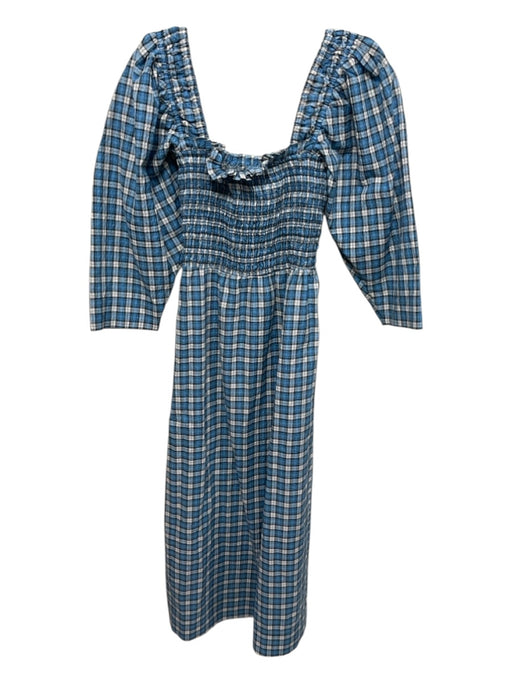 Ganni Size 36 Blue, White & Black Cotton Blend Smocked Top Plaid Dress Blue, White & Black / 36