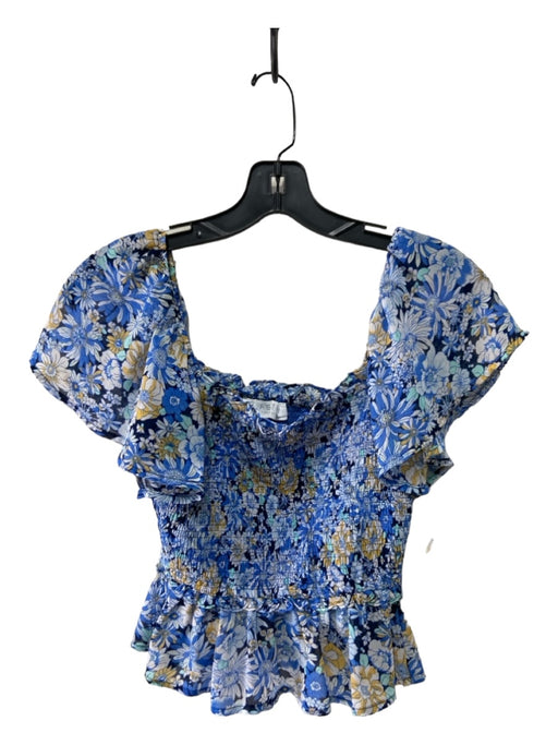 ASTR Size XS Blue, Yellow & White Polyester Smocked Floral Ruffles Top Blue, Yellow & White / XS