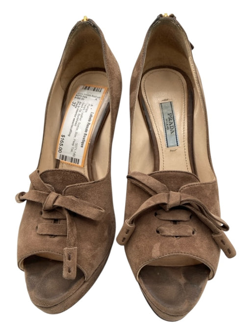 Prada Shoe Size 37 Taupe Leather Suede Bow Peep Toe Back Zip Pumps Taupe / 37