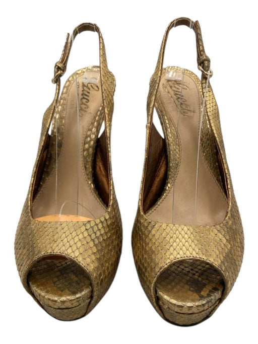 Gucci Shoe Size 37 Gold Leather Snakeskin Peep Toe Stiletto metallic Sandals Gold / 37