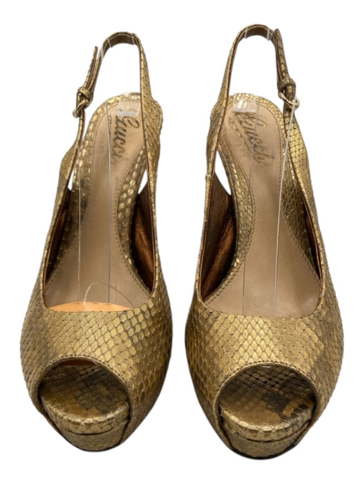 Gucci Shoe Size 37 Gold Leather Snakeskin Peep Toe Stiletto metallic Sandals Gold / 37