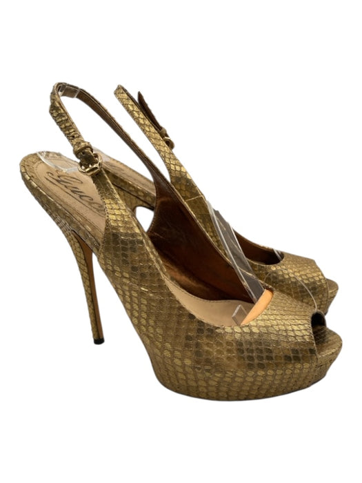 Gucci Shoe Size 37 Gold Leather Snakeskin Peep Toe Stiletto metallic Sandals Gold / 37