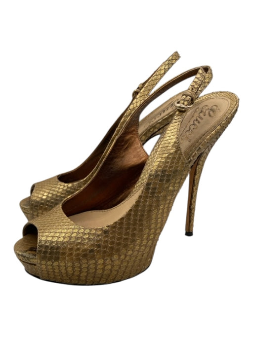 Gucci Shoe Size 37 Gold Leather Snakeskin Peep Toe Stiletto metallic Sandals Gold / 37