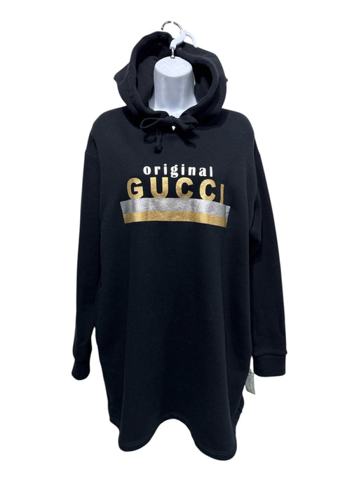 Gucci Size S Black, Silver, Gold Cotton Foil Logo Pullover Hoodie Dress Black, Silver, Gold / S