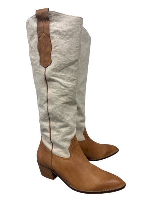 Anthropologie Shoe Size 41 Cream & Tan Leather & Canvas Stacked Block Heel Boots Cream & Tan / 41