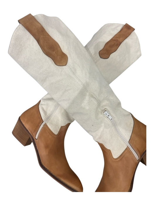 Anthropologie Shoe Size 41 Cream & Tan Leather & Canvas Stacked Block Heel Boots Cream & Tan / 41