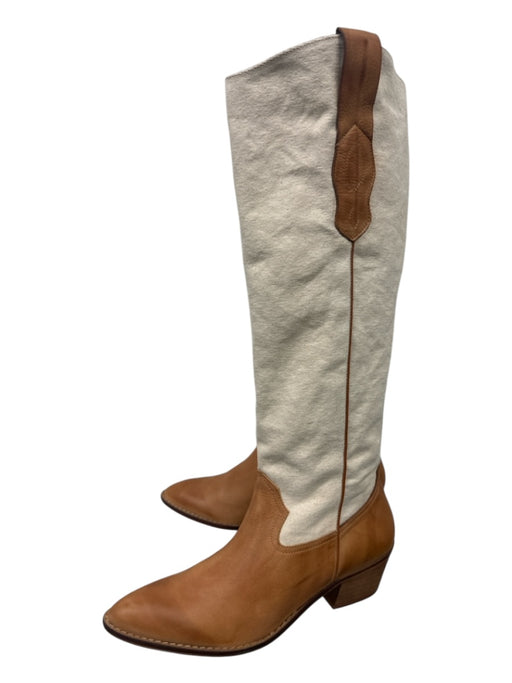 Anthropologie Shoe Size 41 Cream & Tan Leather & Canvas Stacked Block Heel Boots Cream & Tan / 41