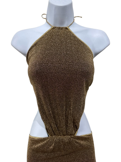 OSEREE Size Est M Gold No Fabric Tag Halter Neck Tie Back Cut Out Maxi Dress Gold / Est M