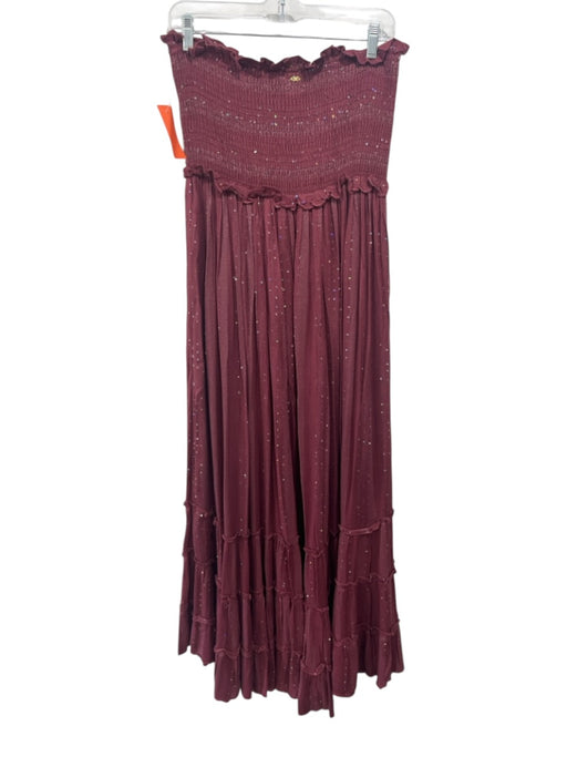 PQ Size M/L Burgundy Viscose Blend Smocked Bodice Tie Waist Sequined Dress Burgundy / M/L