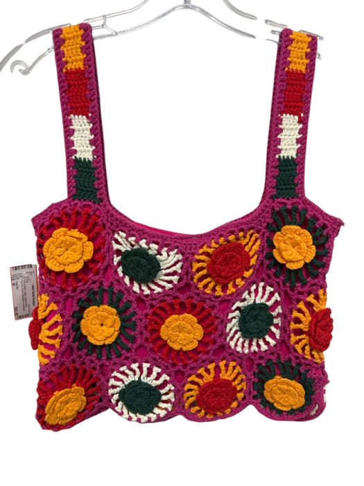 Farm Rio Size M Pink & Multi Cotton Square Neck Crochet Floral Sleeveless Top Pink & Multi / M