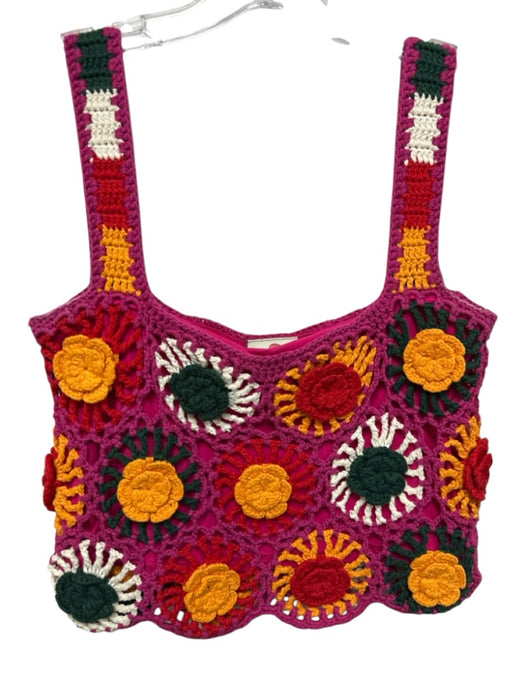 Farm Rio Size M Pink & Multi Cotton Square Neck Crochet Floral Sleeveless Top Pink & Multi / M