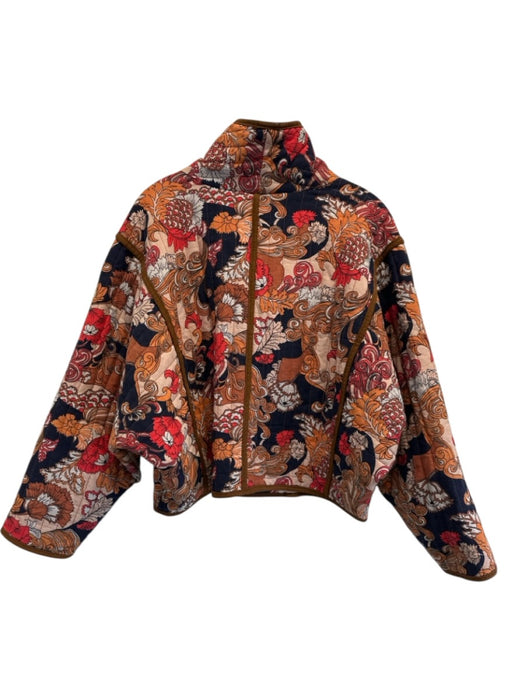 Mother Size L Blue, Red, Brown Cotton Quilted Floral Print Snaps Jacket Blue, Red, Brown / L