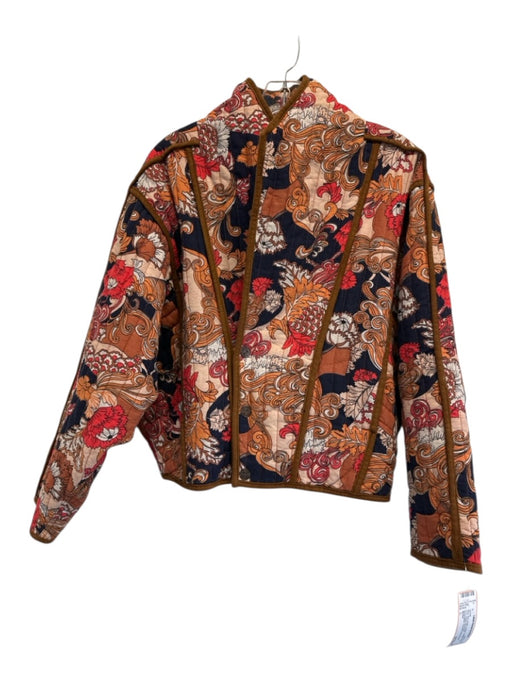 Mother Size L Blue, Red, Brown Cotton Quilted Floral Print Snaps Jacket Blue, Red, Brown / L