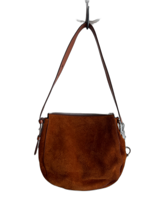 Burberry Cognac Suede Shoulder Bag Silver Hardware Top Zip Adjustable Strap Bag Cognac / Small