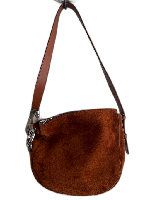 Burberry Cognac Suede Shoulder Bag Silver Hardware Top Zip Adjustable Strap Bag Cognac / Small