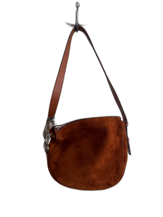Burberry Cognac Suede Shoulder Bag Silver Hardware Top Zip Adjustable Strap Bag Cognac / Small