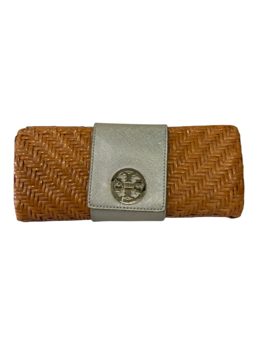 Tory Burch Orange & Gold Rattan & Leather Woven Toggle Close Clutch Bag Orange & Gold