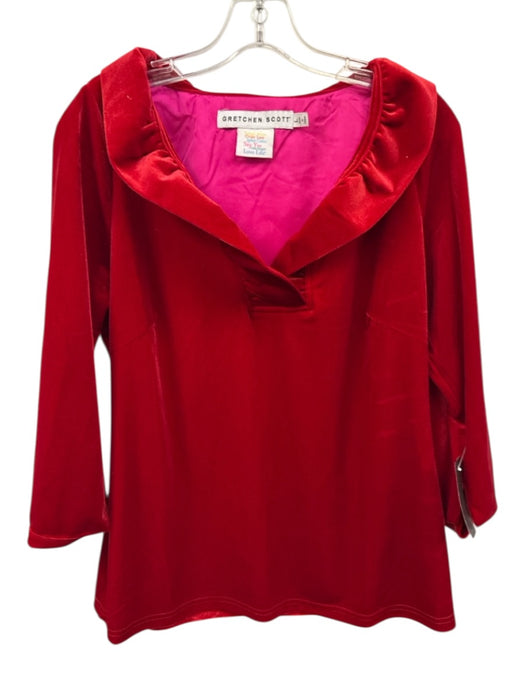 Gretchen Scott Size L Red Polyester Blend Velvet Ruffle Neckline V Neck Top Red / L