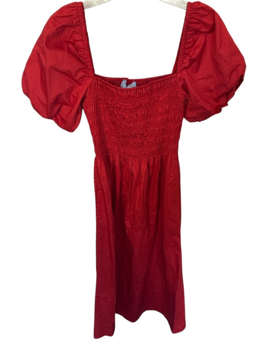Hill House Size XS Red Cotton Square Neck Puff Short Sleeve Pleated Top Dress Red / XS