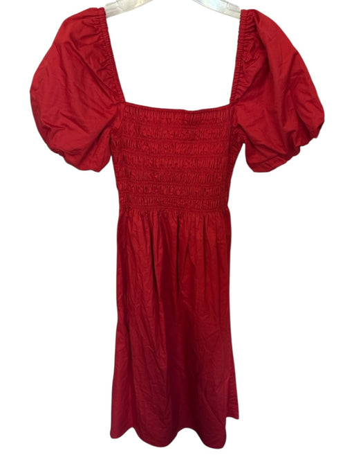 Hill House Size XS Red Cotton Square Neck Puff Short Sleeve Pleated Top Dress Red / XS