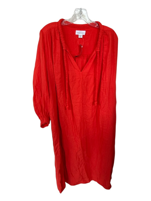 Velvet Size XS Tomato Cotton Long Balloon Sleeve V Neck Maxi Dress Tomato / XS