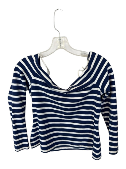 L'agence Size M White & Blue Viscose Blend Striped Off the Shoulder Top White & Blue / M