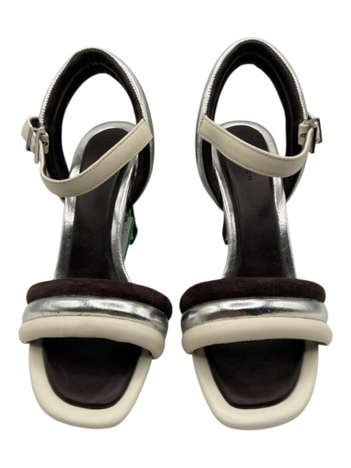 Tory Burch Shoe Size 7.5 White, Brown, Silver Leather Suede Banded Sandals White, Brown, Silver / 7.5