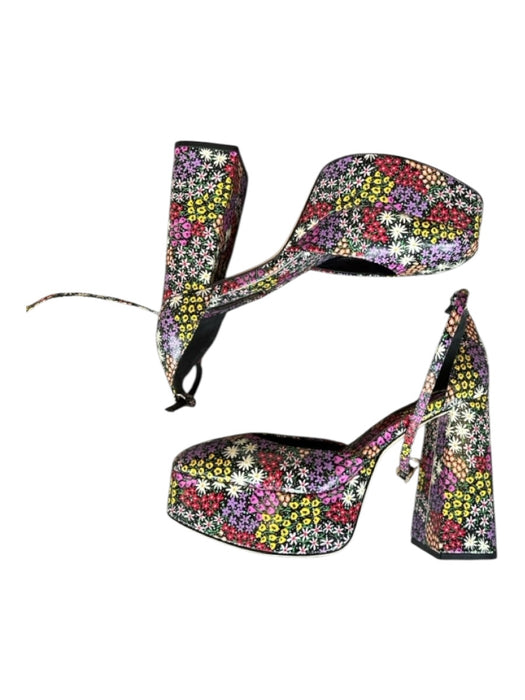 Larroude Shoe Size 7 Black & Multi Leather Platform Flowers Block Heel Pumps Black & Multi / 7