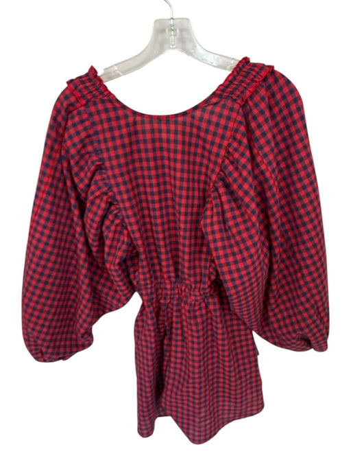 Size Est M Red & Navy Cotton Long Balloon Sleeve Gingham V Neck Dress Red & Navy / Est M