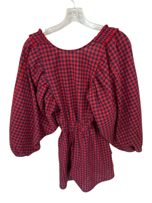 Size Est M Red & Navy Cotton Long Balloon Sleeve Gingham V Neck Dress Red & Navy / Est M