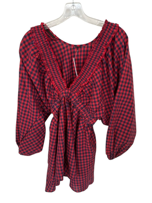 Size Est M Red & Navy Cotton Long Balloon Sleeve Gingham V Neck Dress Red & Navy / Est M