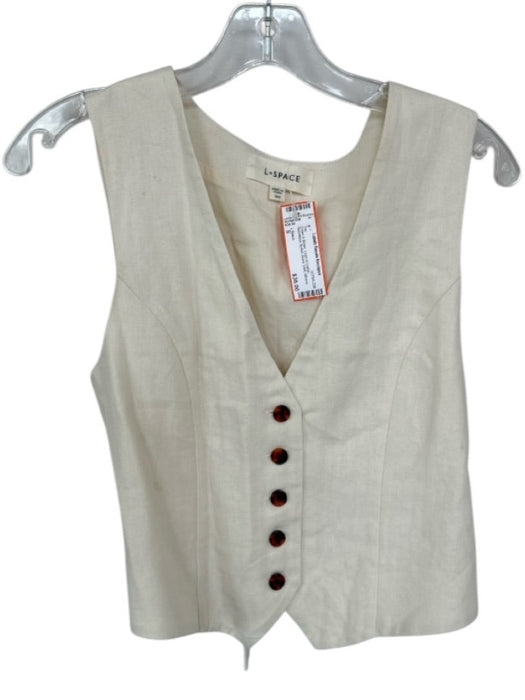 L Space Size S Cream & Brown Linen & Cotton Sleeveless Button Down Vest Top Cream & Brown / S