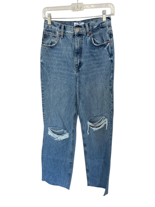 Zara Size 4 Med Light Wash Cotton High Waist Wide Leg distressed Jeans Med Light Wash / 4